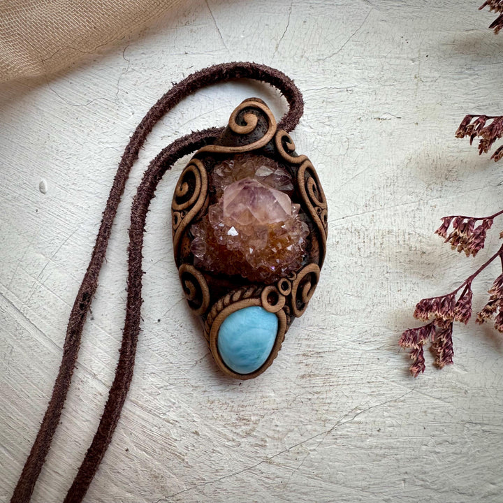 Spirit Quartz Cluster and Larimar Necklace - FairyGardenGlow