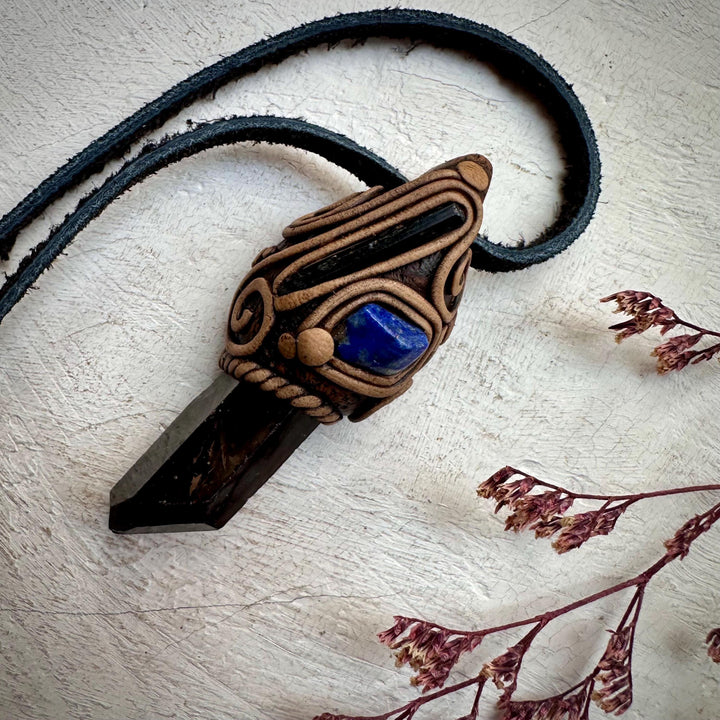 Smoky Quartz Aegirine and Lapis Lazuli Pendant Necklace - FairyGardenGlow