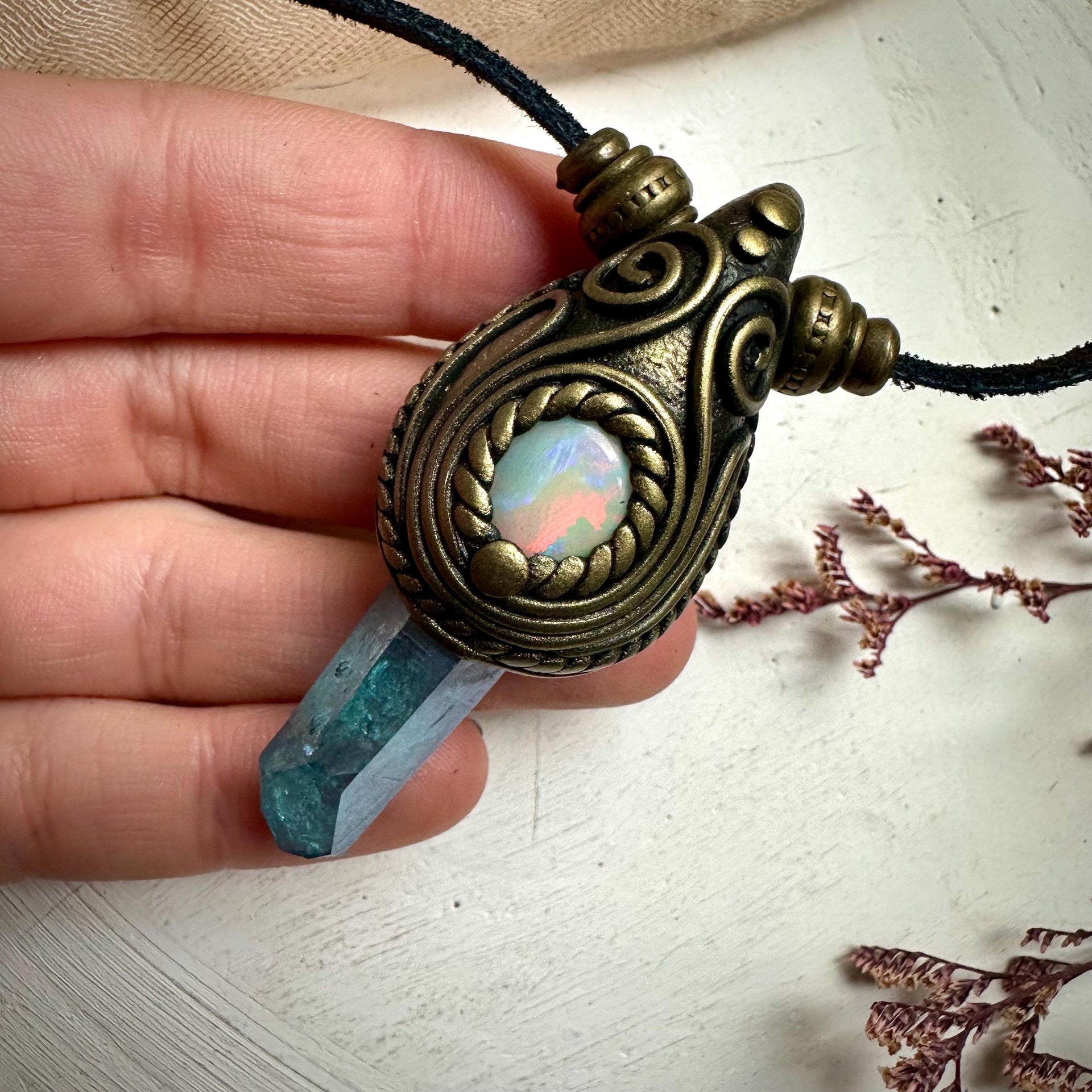 Aqua Aura Quartz and Australian Opal Necklace