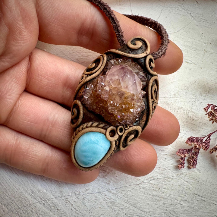 Spirit Quartz Cluster and Larimar Necklace - FairyGardenGlow