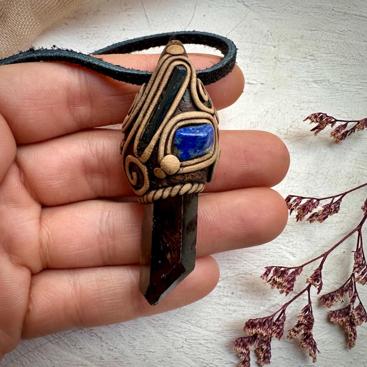 Smoky Quartz Aegirine and Lapis Lazuli Pendant Necklace - FairyGardenGlow