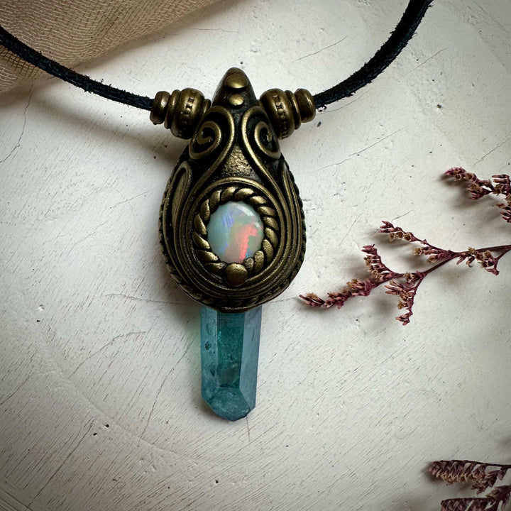 Aqua Aura Quartz and Australian Opal Necklace - FairyGardenGlow