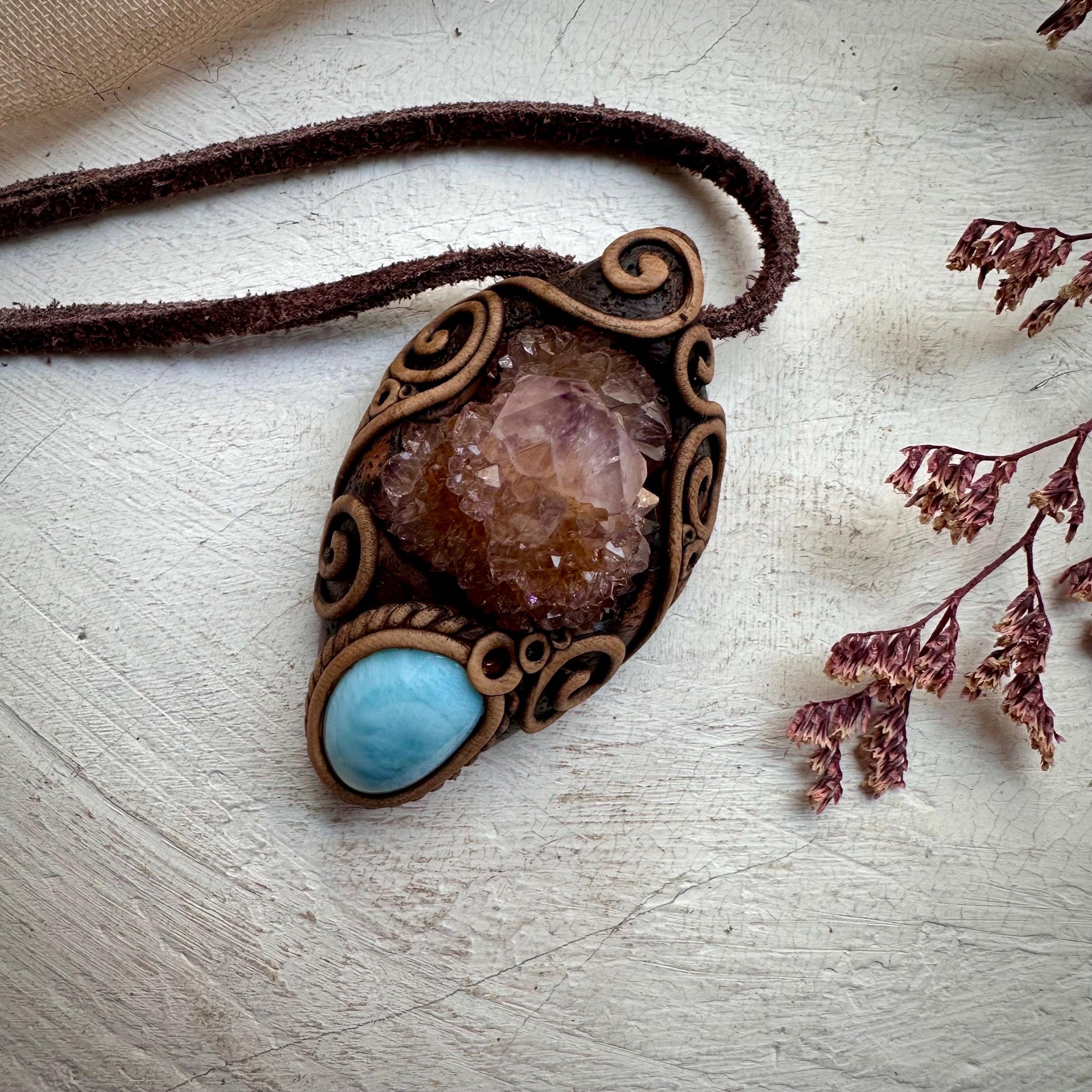 Spirit Quartz Cluster and Larimar Necklace - FairyGardenGlow