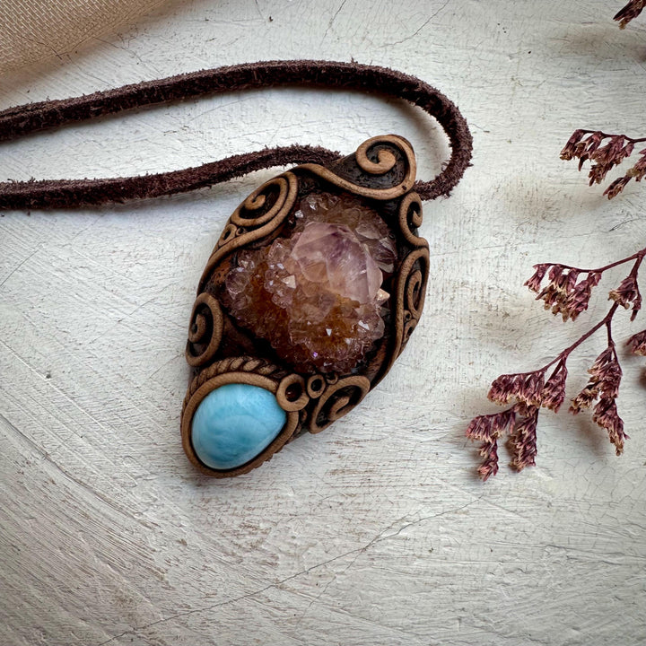 Spirit Quartz Cluster and Larimar Necklace - FairyGardenGlow