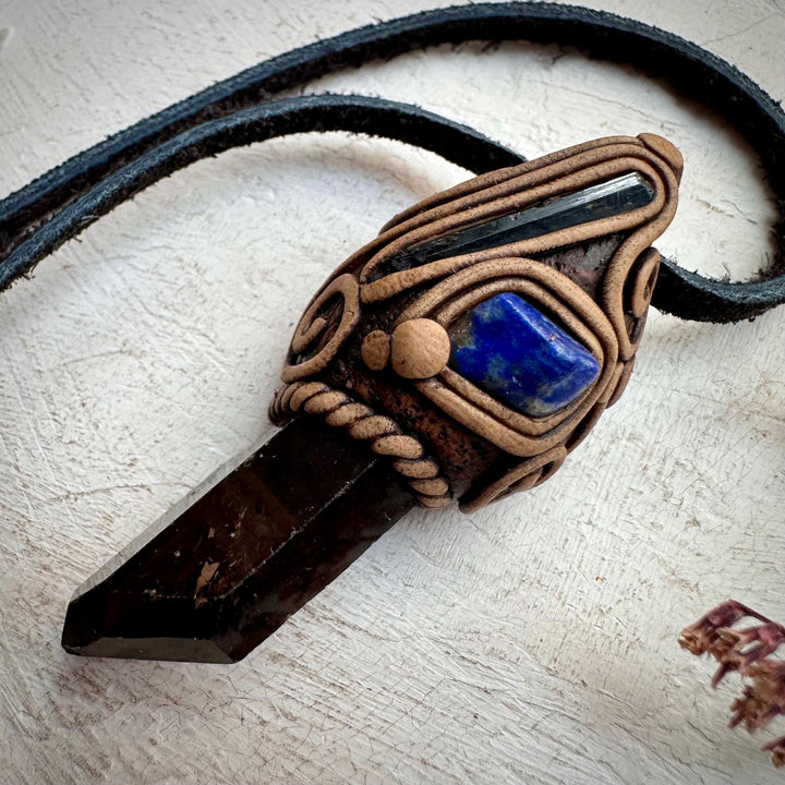 Smoky Quartz Aegirine and Lapis Lazuli Pendant Necklace - FairyGardenGlow