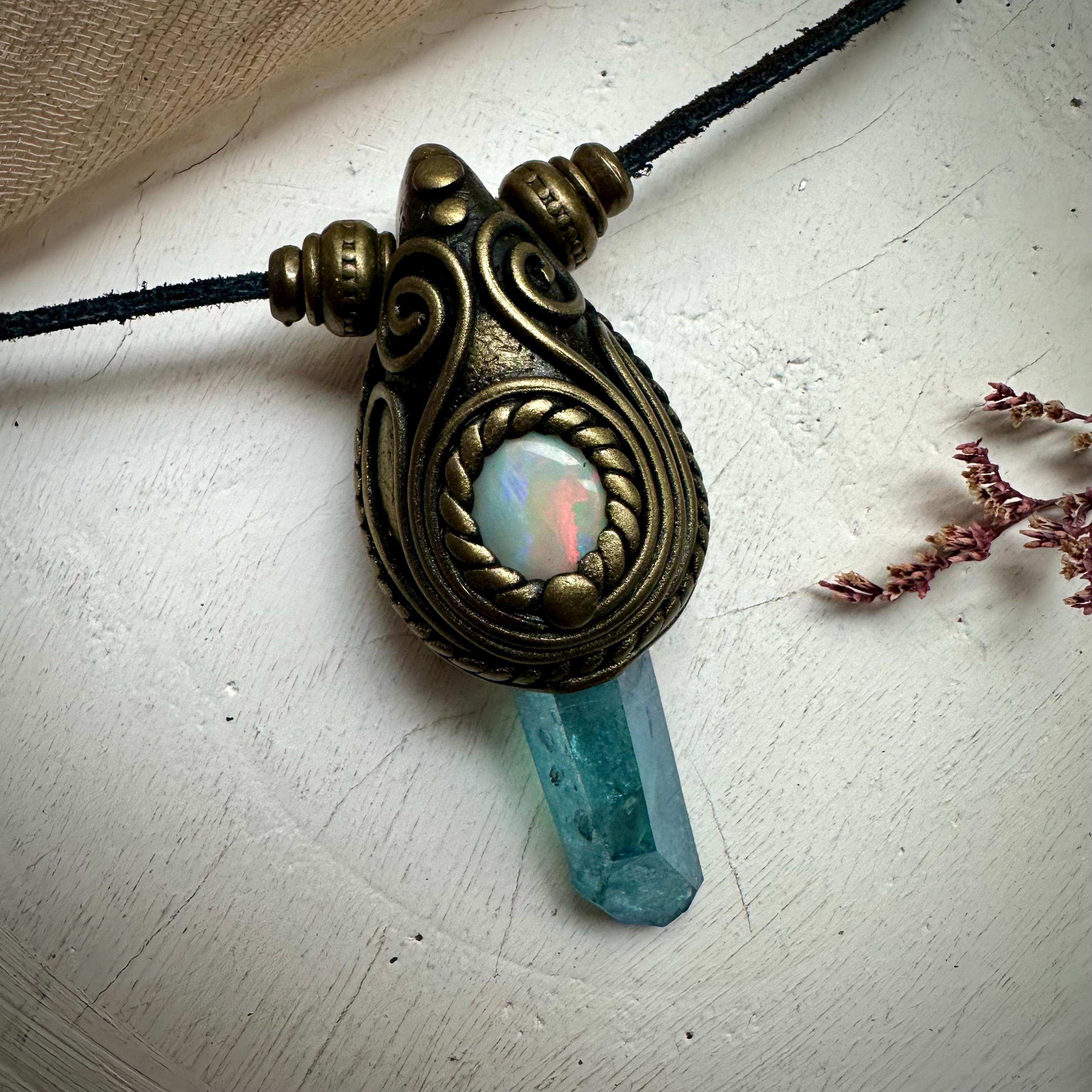 Aqua Aura Quartz and Australian Opal Necklace - FairyGardenGlow