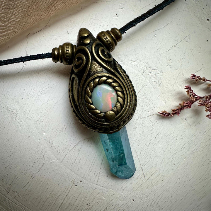 Aqua Aura Quartz and Australian Opal Necklace - FairyGardenGlow