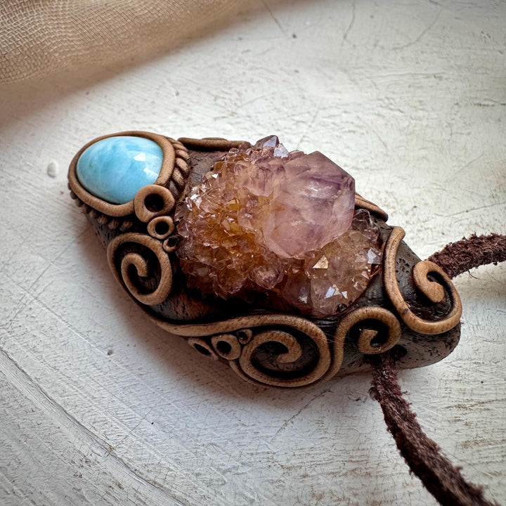 Spirit Quartz Cluster and Larimar Necklace - FairyGardenGlow