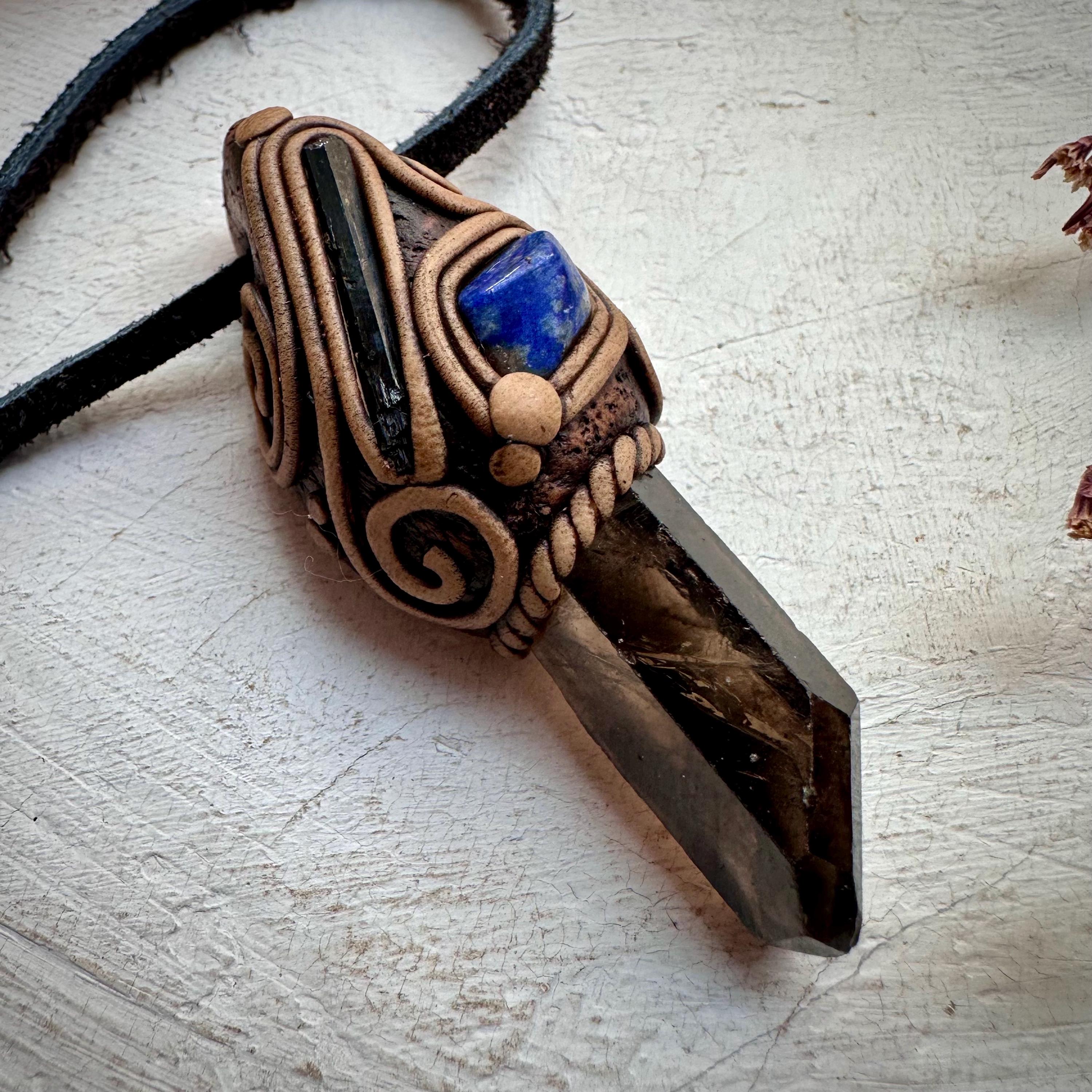 Smoky Quartz Aegirine and Lapis Lazuli Pendant Necklace - FairyGardenGlow