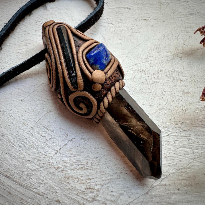 Smoky Quartz Aegirine and Lapis Lazuli Pendant Necklace - FairyGardenGlow