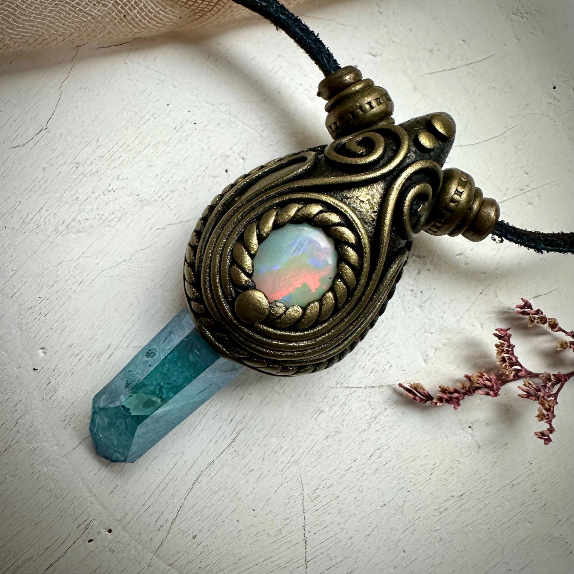 Aqua Aura Quartz and Australian Opal Necklace