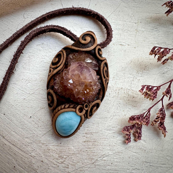 Spirit Quartz Cluster and Larimar Necklace - FairyGardenGlow