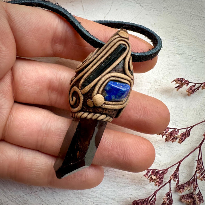 Smoky Quartz Aegirine and Lapis Lazuli Pendant Necklace - FairyGardenGlow