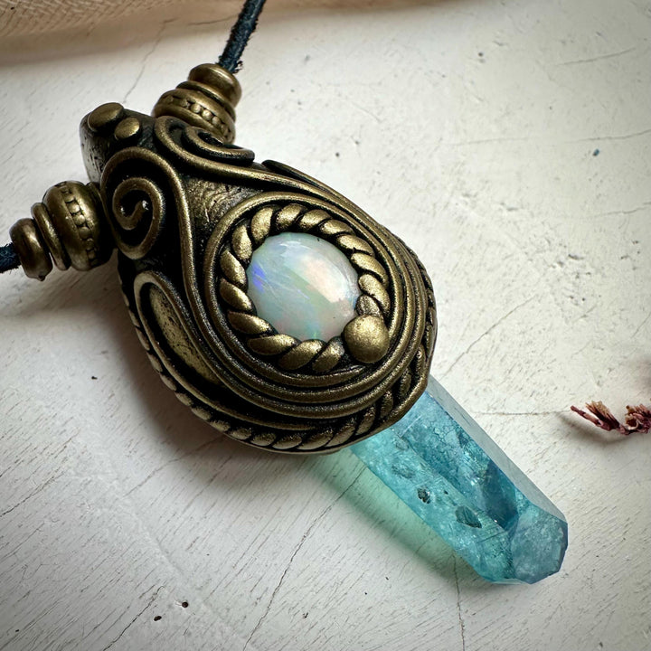 Aqua Aura Quartz and Australian Opal Necklace - FairyGardenGlow