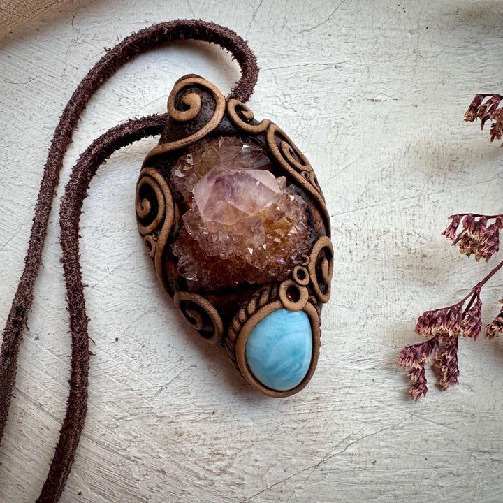 Spirit Quartz Cluster and Larimar Necklace - FairyGardenGlow