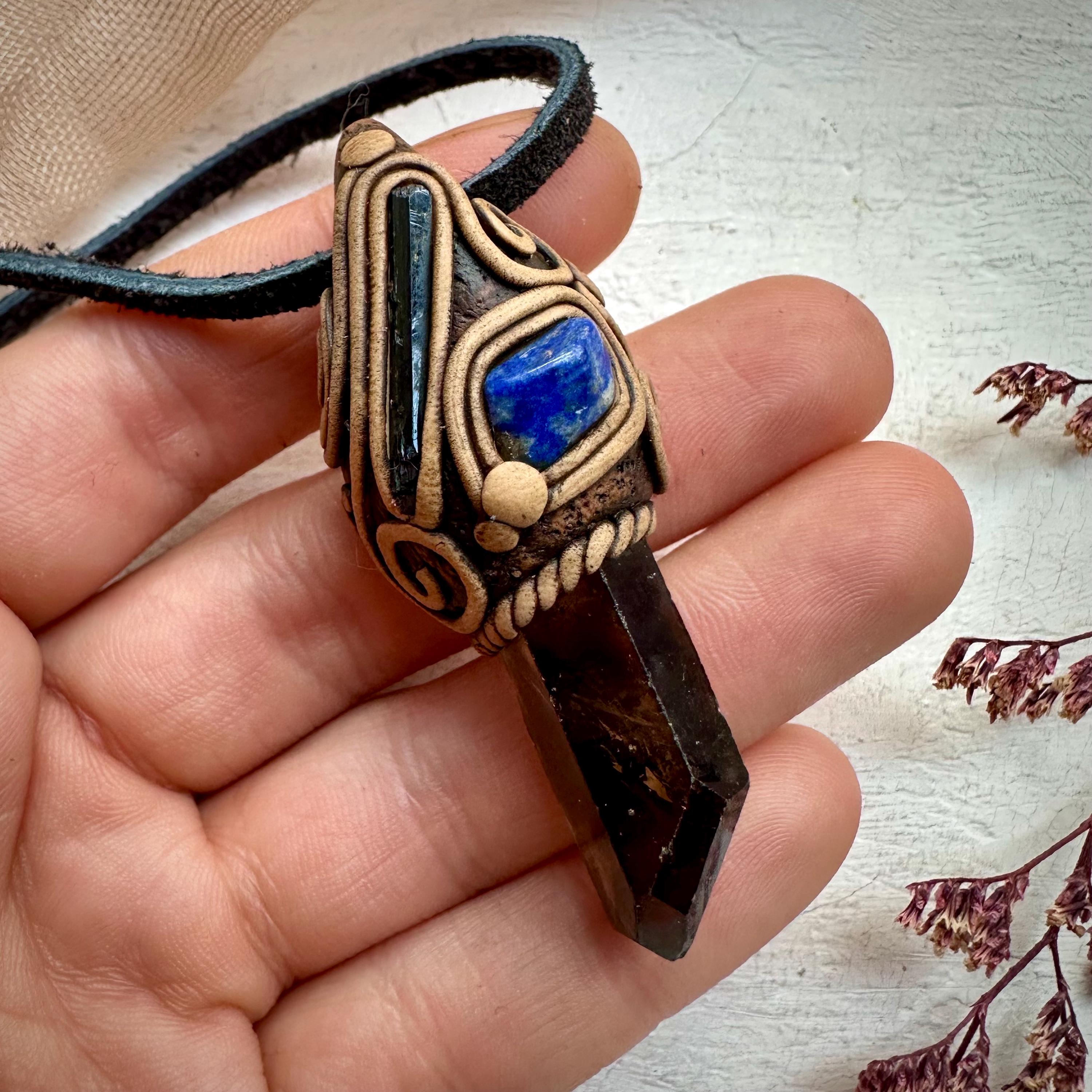 Smoky Quartz Aegirine and Lapis Lazuli Pendant Necklace - FairyGardenGlow