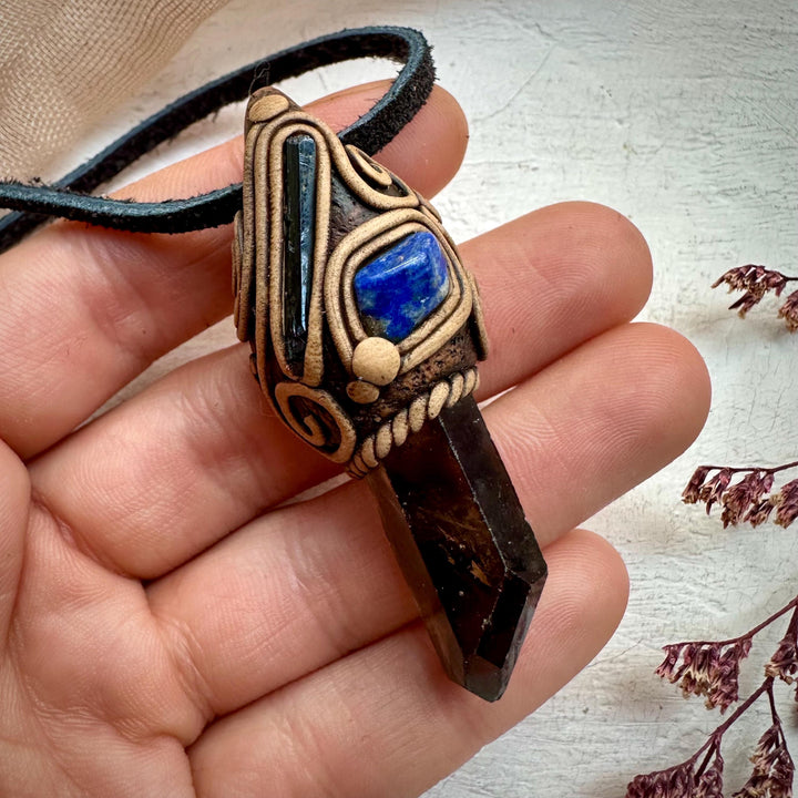 Smoky Quartz Aegirine and Lapis Lazuli Pendant Necklace - FairyGardenGlow