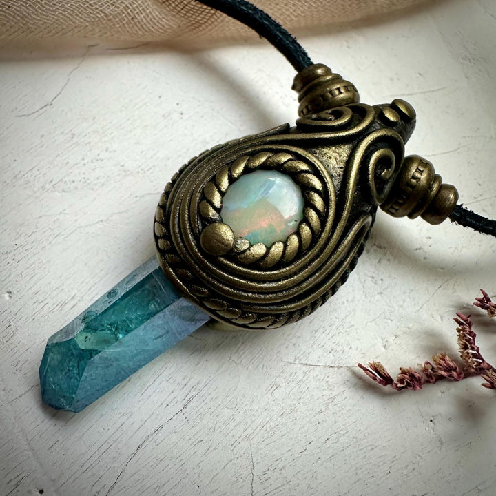 Aqua Aura Quartz and Australian Opal Necklace - FairyGardenGlow