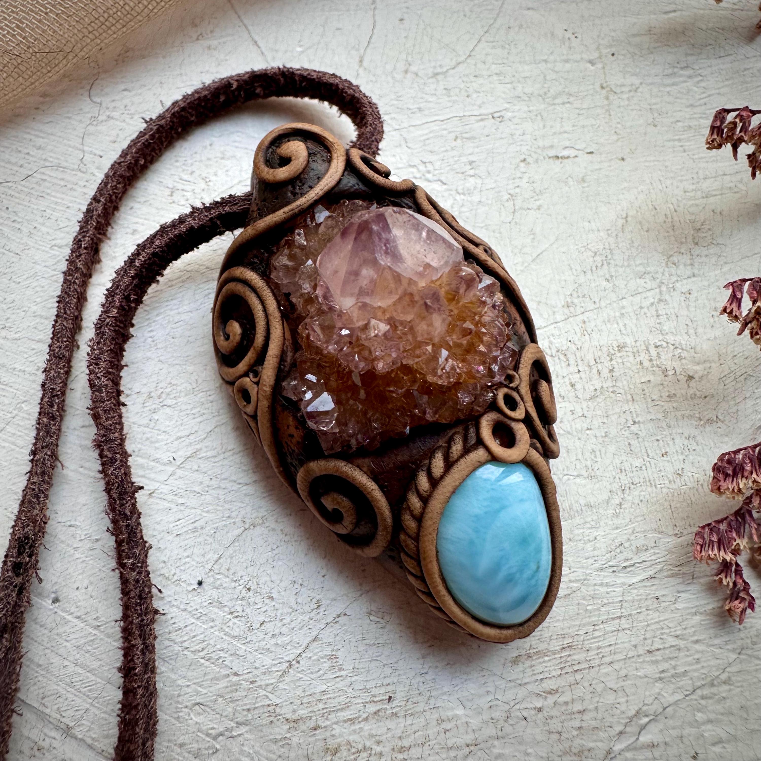 Spirit Quartz Cluster and Larimar Necklace - FairyGardenGlow