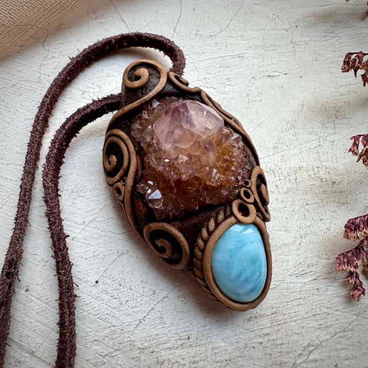 Spirit Quartz Cluster and Larimar Necklace - FairyGardenGlow