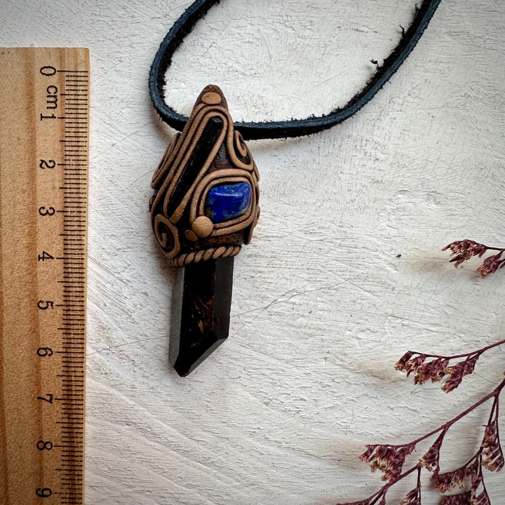 Smoky Quartz Aegirine and Lapis Lazuli Pendant Necklace - FairyGardenGlow