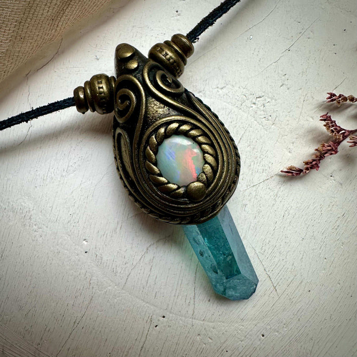 Aqua Aura Quartz and Australian Opal Necklace - FairyGardenGlow