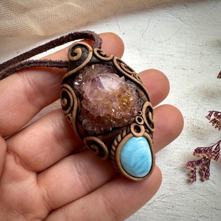 Spirit Quartz Cluster and Larimar Necklace - FairyGardenGlow