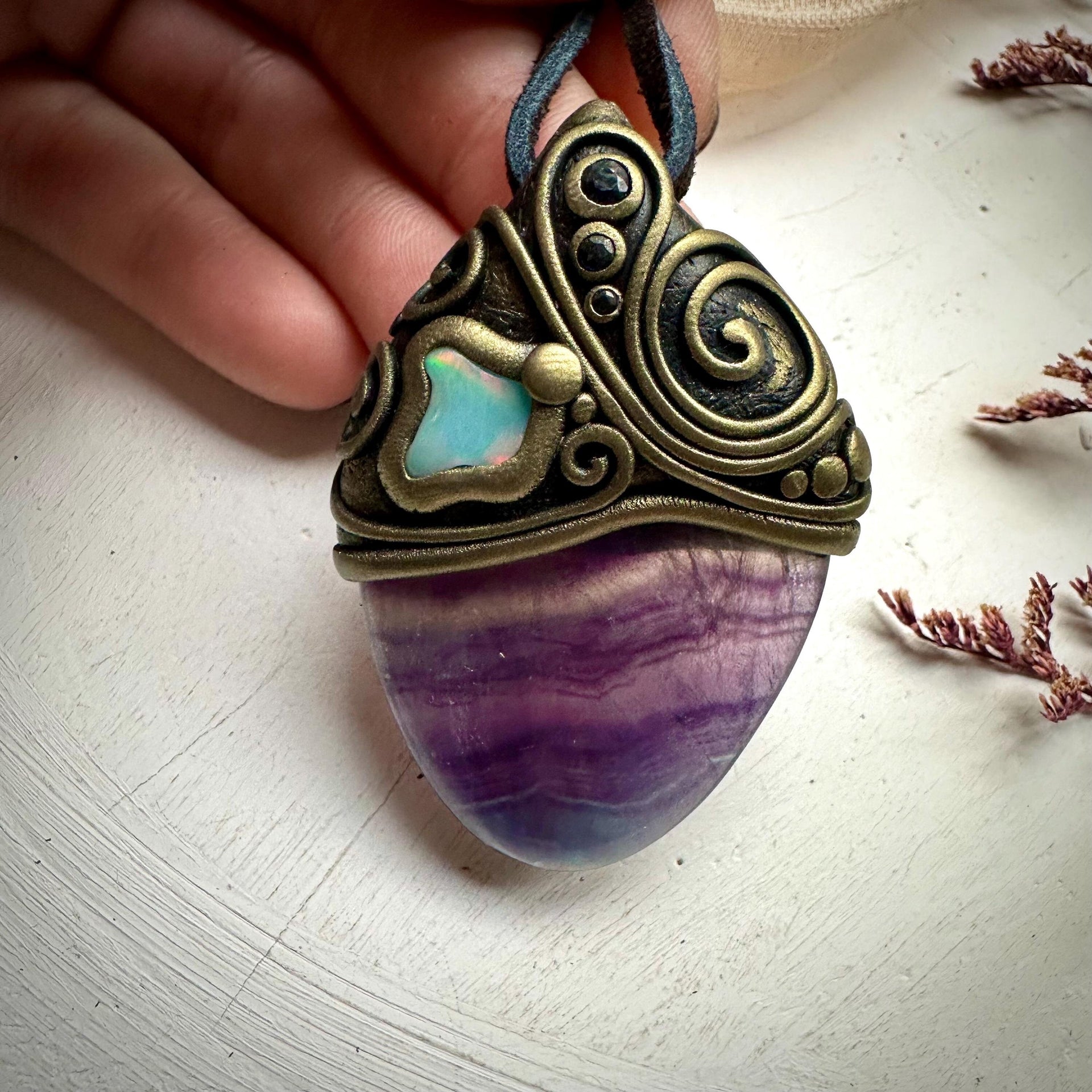 Rainbow Fluorite Opal and Blue Sapphire Necklace - FairyGardenGlow