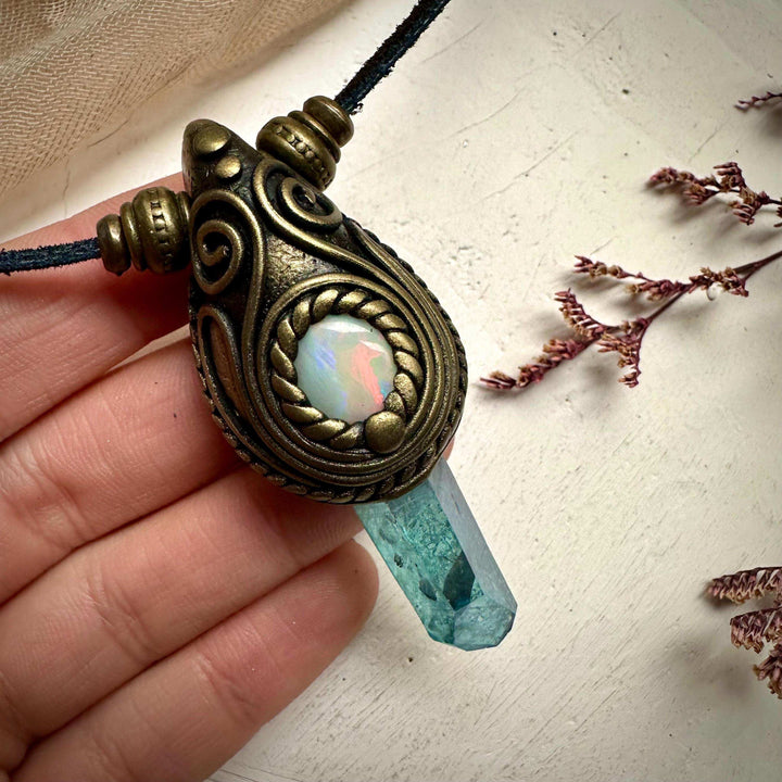 Aqua Aura Quartz and Australian Opal Necklace - FairyGardenGlow