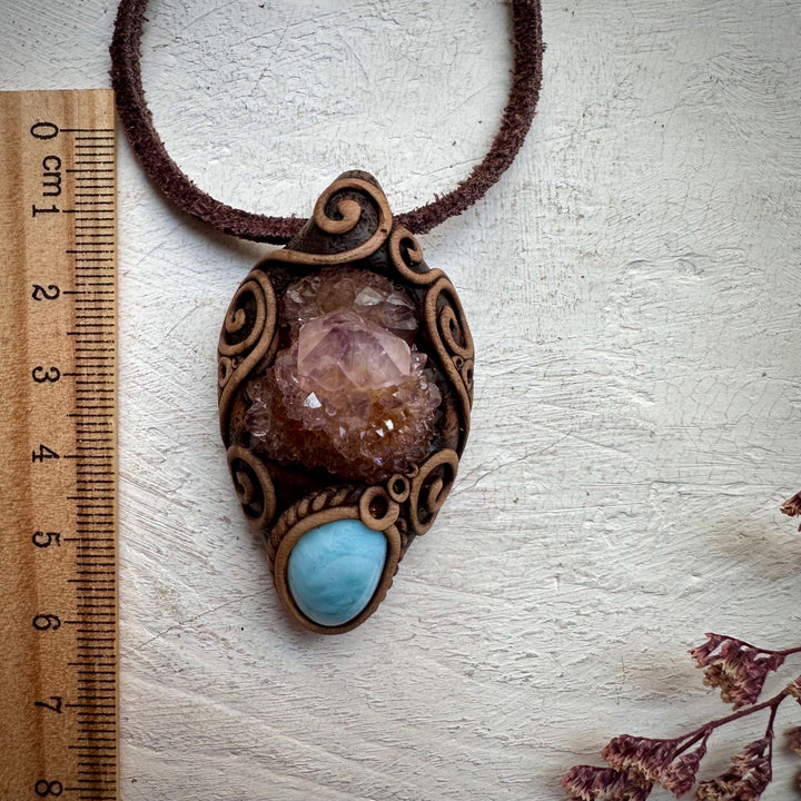 Spirit Quartz Cluster and Larimar Necklace - FairyGardenGlow
