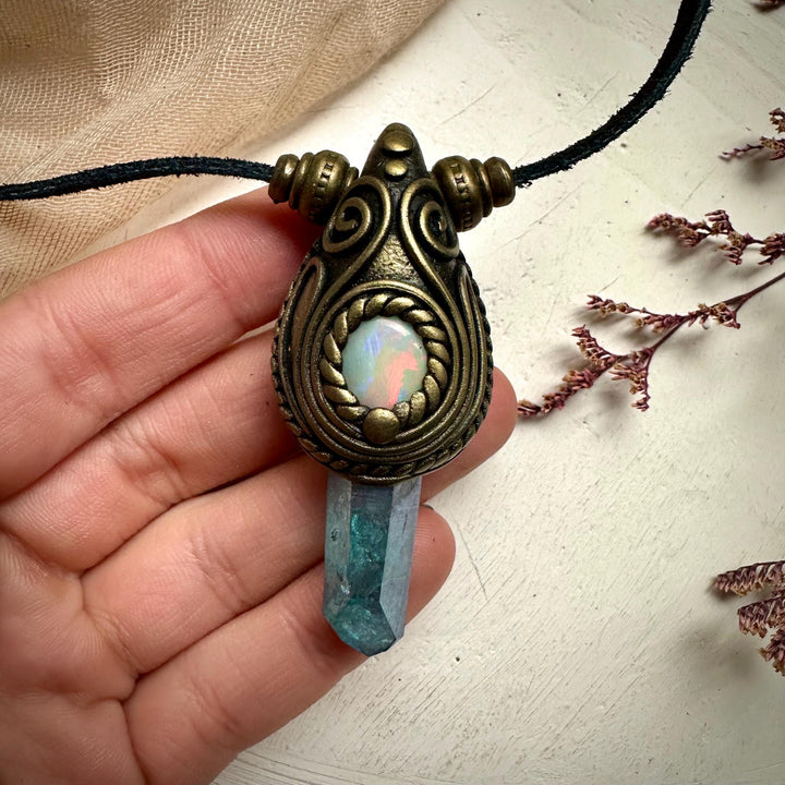 Aqua Aura Quartz and Australian Opal Necklace - FairyGardenGlow