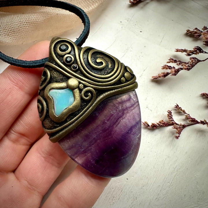 Rainbow Fluorite Opal and Blue Sapphire Necklace - FairyGardenGlow
