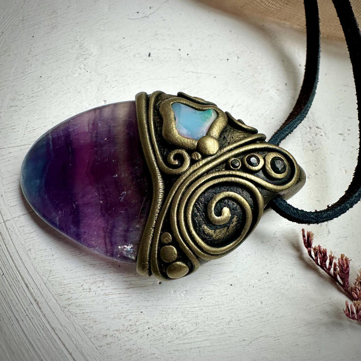 Rainbow Fluorite Opal and Blue Sapphire Necklace - FairyGardenGlow