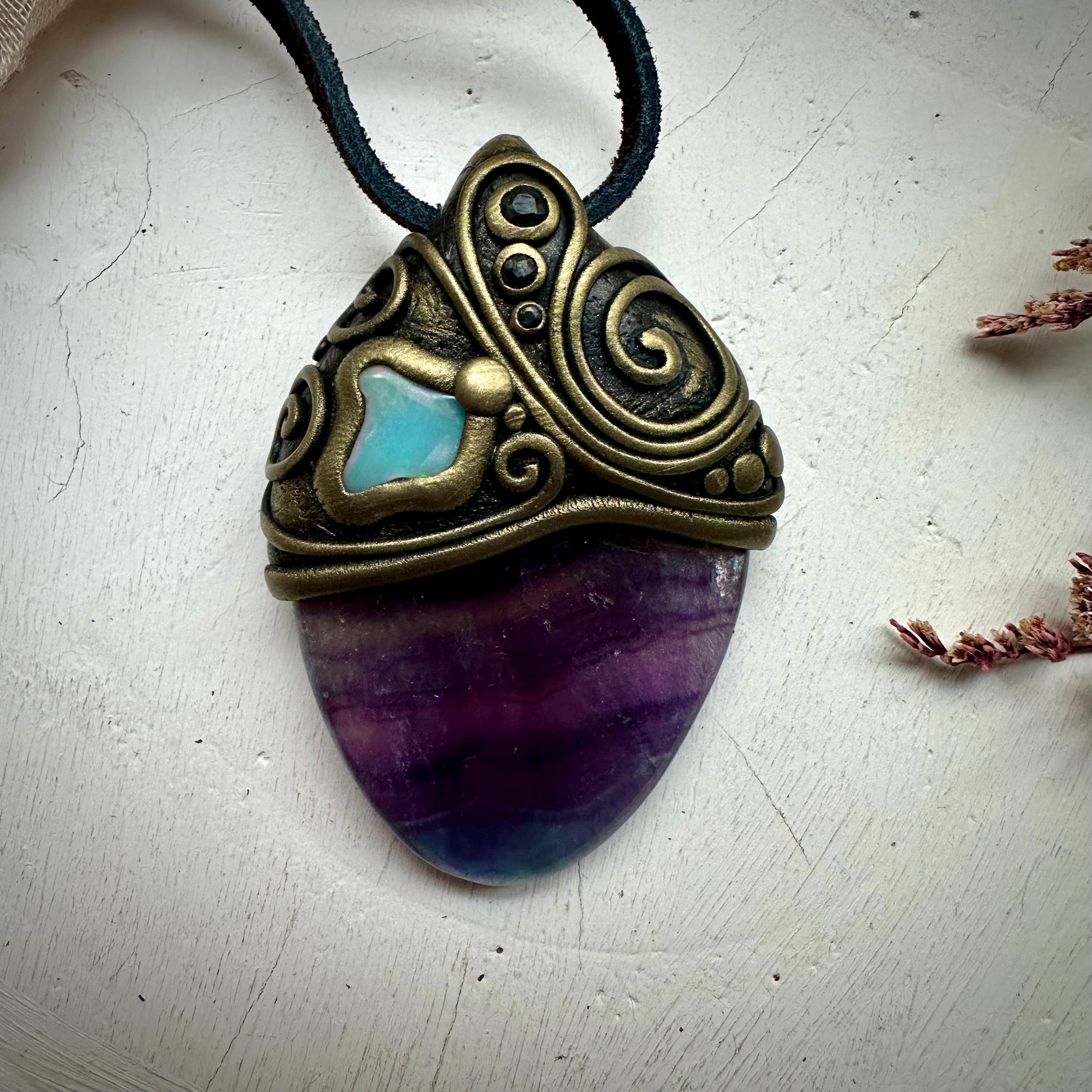 Rainbow Fluorite Opal and Blue Sapphire Necklace - FairyGardenGlow