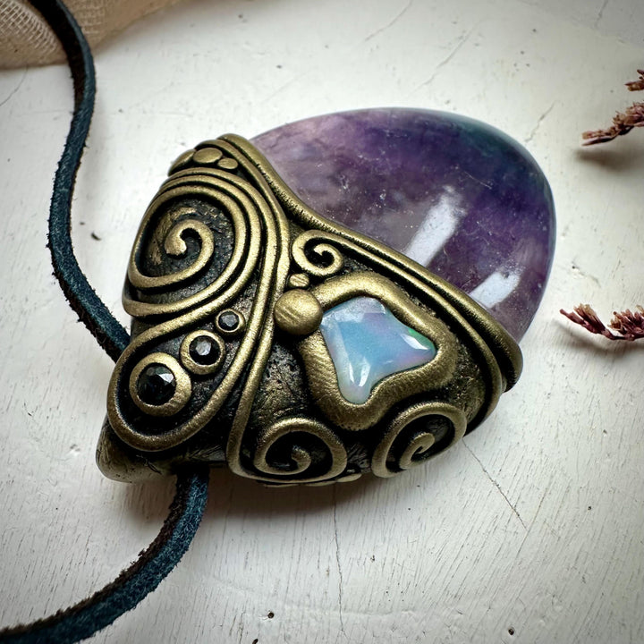 Rainbow Fluorite Opal and Blue Sapphire Necklace - FairyGardenGlow