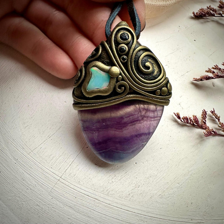 Rainbow Fluorite Opal and Blue Sapphire Necklace - FairyGardenGlow