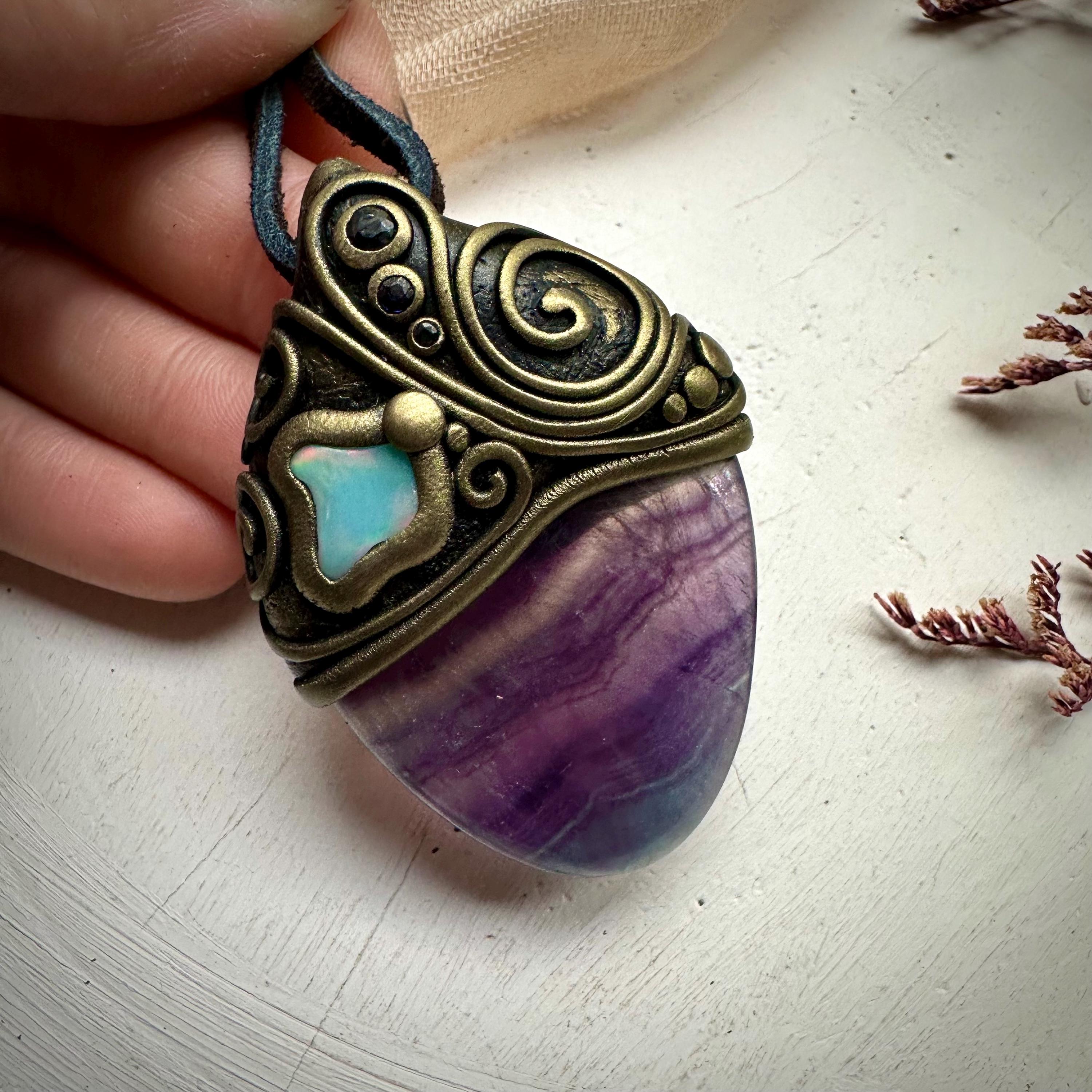 Rainbow Fluorite Opal and Blue Sapphire Necklace - FairyGardenGlow