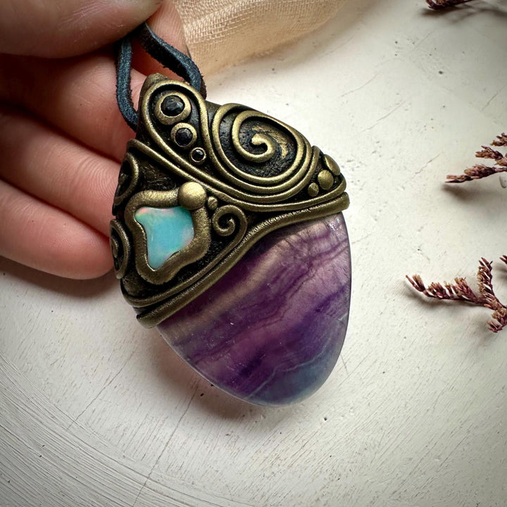 Rainbow Fluorite Opal and Blue Sapphire Necklace - FairyGardenGlow