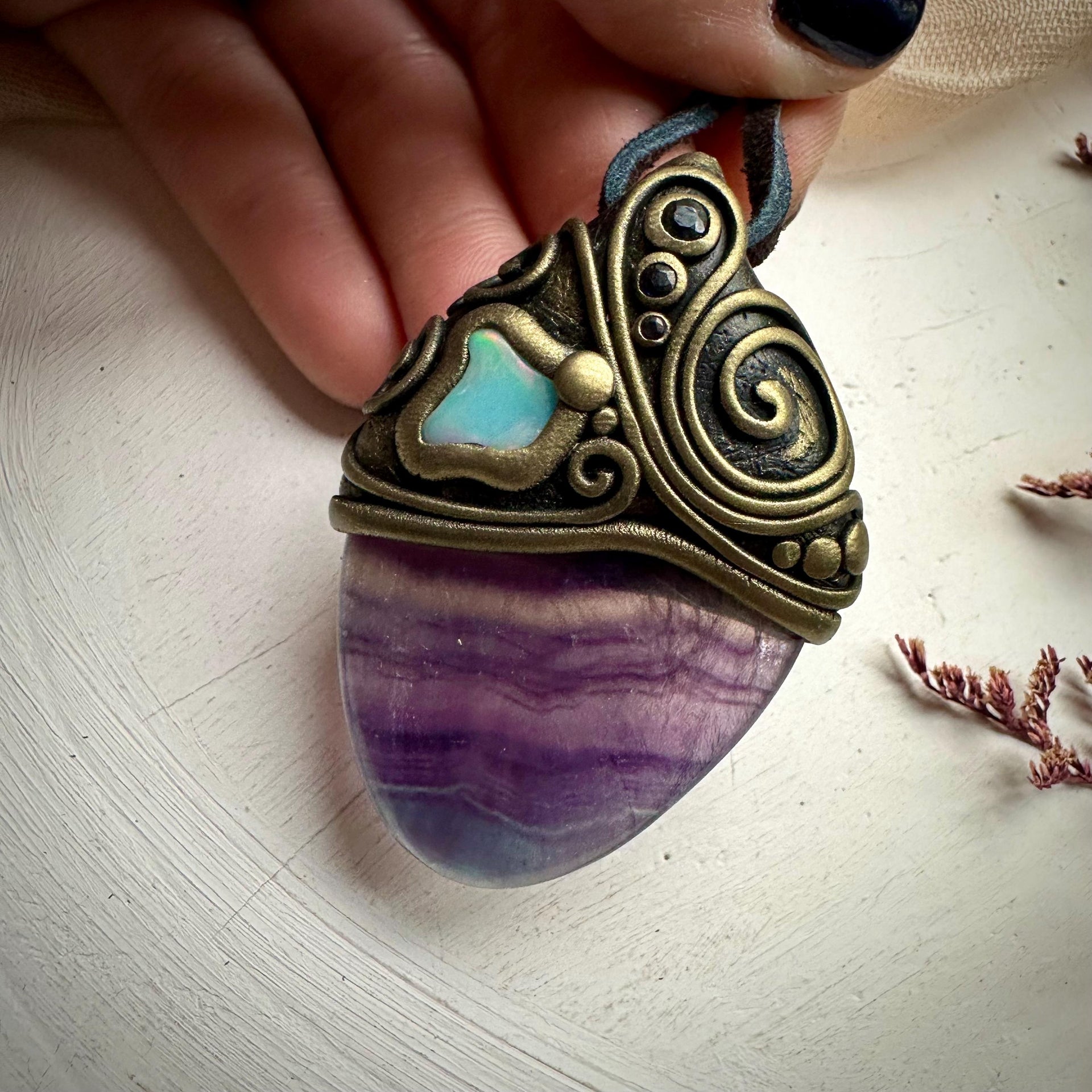 Rainbow Fluorite Opal and Blue Sapphire Necklace - FairyGardenGlow