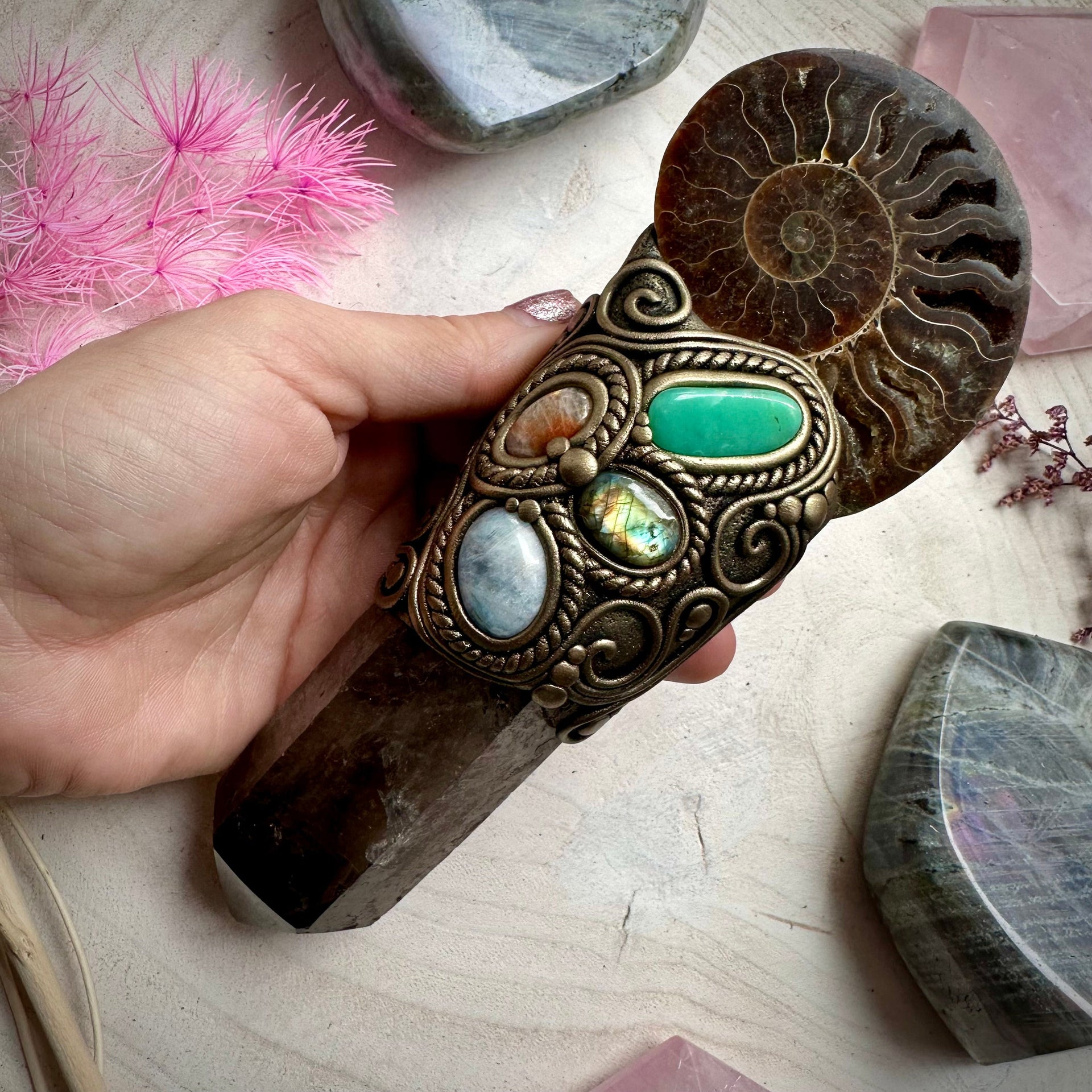 Large Ammonite Wand Smoky Quartz Labradorite Sunstone Moonstone Chrysoprase Wand - FairyGardenGlow
