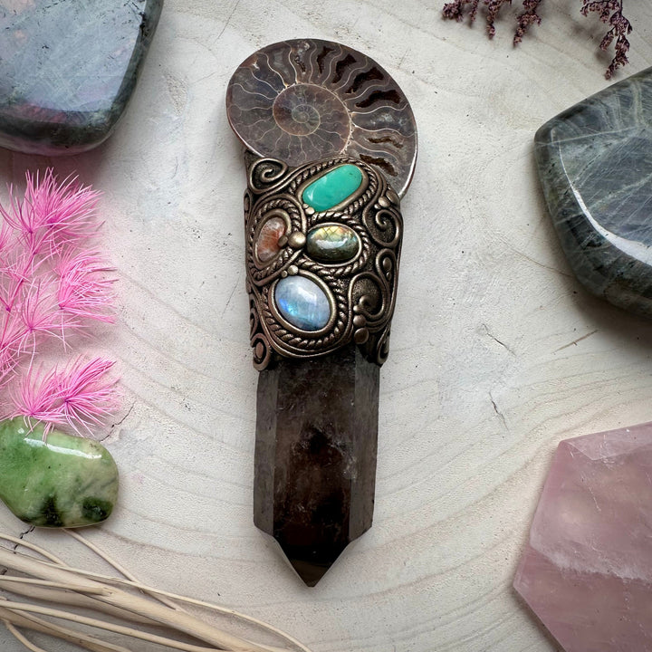 Large Ammonite Wand Smoky Quartz Labradorite Sunstone Moonstone Chrysoprase Wand - FairyGardenGlow