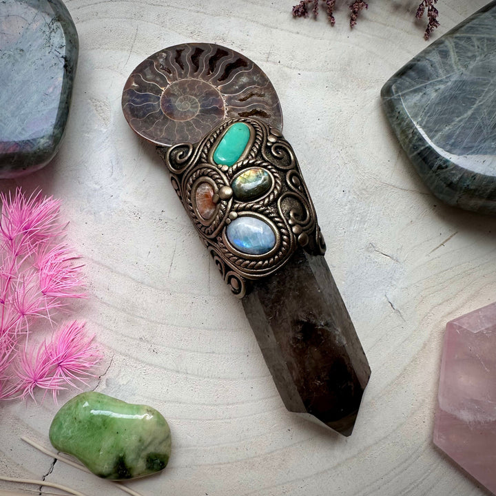 Large Ammonite Wand Smoky Quartz Labradorite Sunstone Moonstone Chrysoprase Wand - FairyGardenGlow