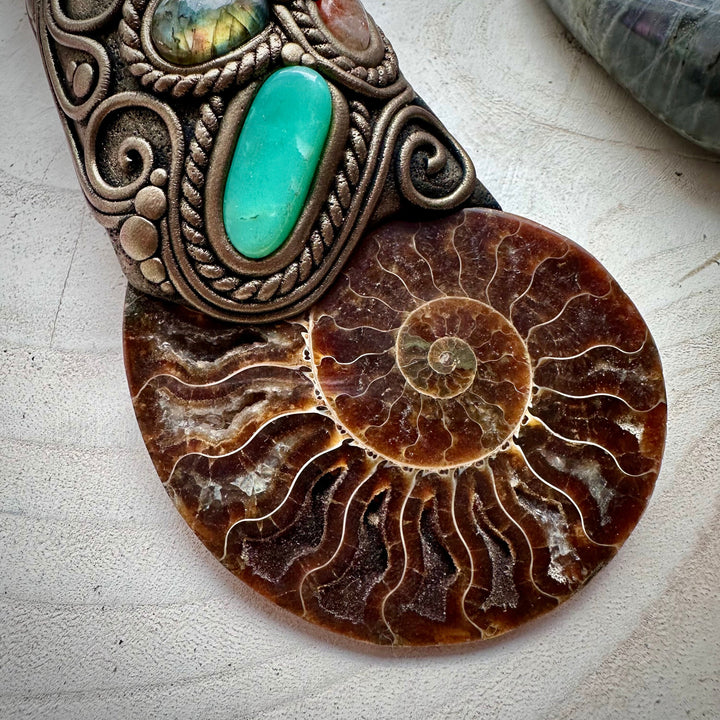 Large Ammonite Wand Smoky Quartz Labradorite Sunstone Moonstone Chrysoprase Wand - FairyGardenGlow