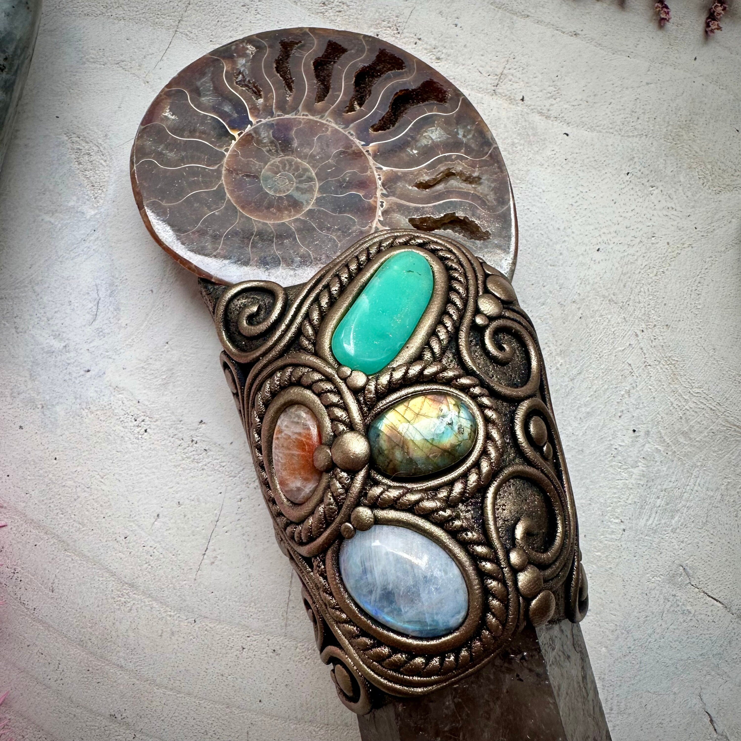 Large Ammonite Wand Smoky Quartz Labradorite Sunstone Moonstone Chrysoprase Wand - FairyGardenGlow