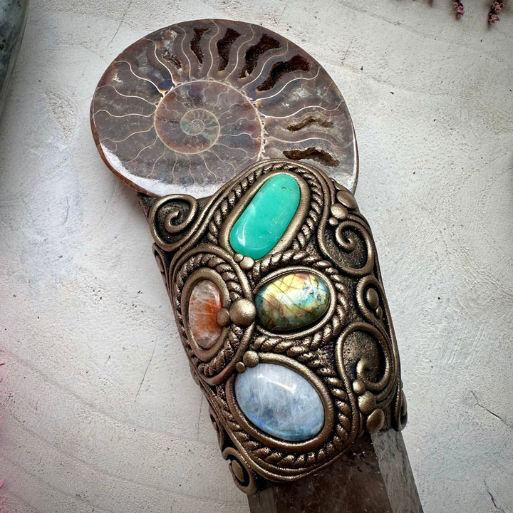 Large Ammonite Wand Smoky Quartz Labradorite Sunstone Moonstone Chrysoprase Wand - FairyGardenGlow