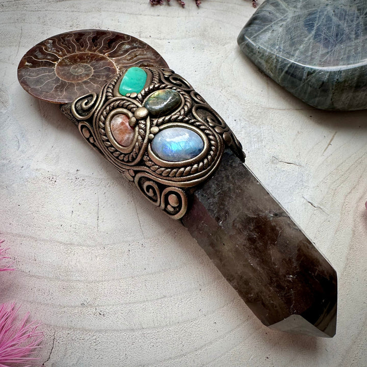 Large Ammonite Wand Smoky Quartz Labradorite Sunstone Moonstone Chrysoprase Wand - FairyGardenGlow