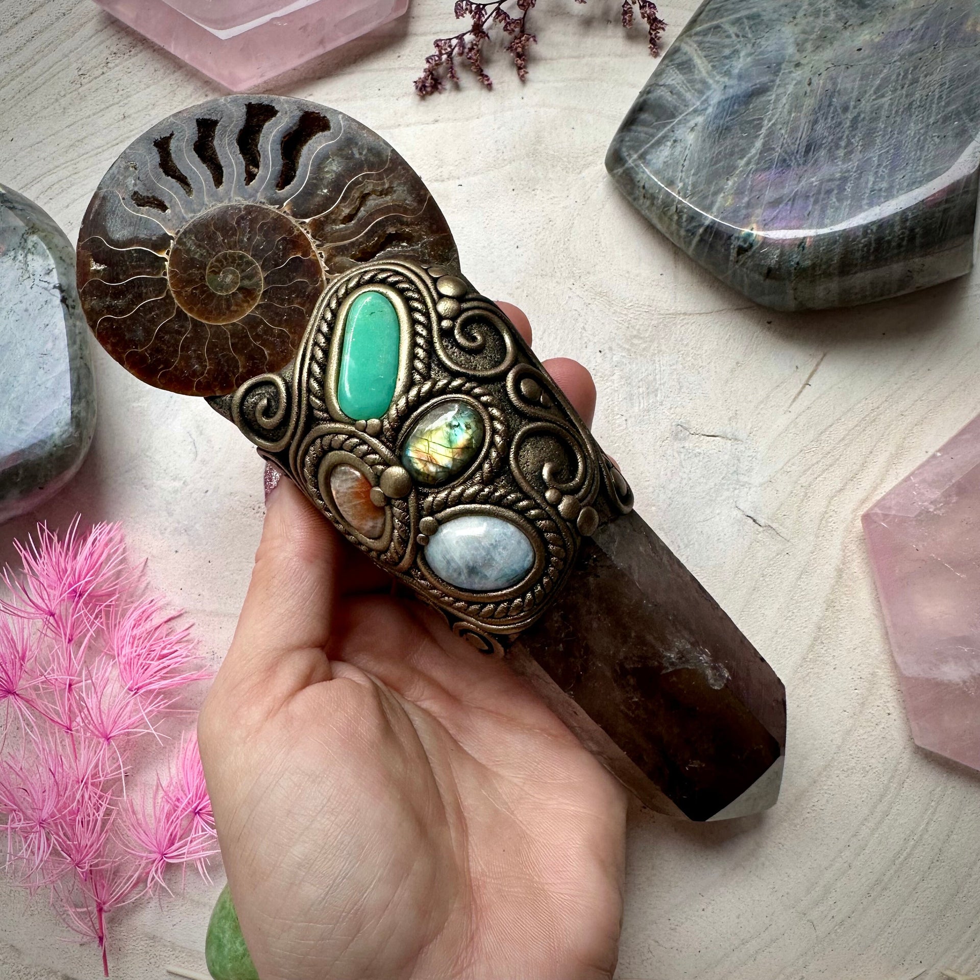 Large Ammonite Wand Smoky Quartz Labradorite Sunstone Moonstone Chrysoprase Wand - FairyGardenGlow