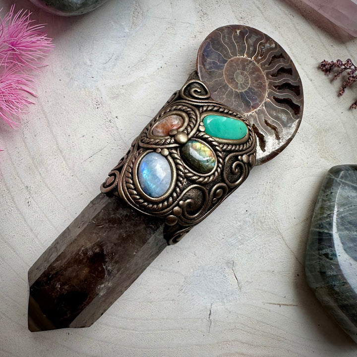 Large Ammonite Wand Smoky Quartz Labradorite Sunstone Moonstone Chrysoprase Wand - FairyGardenGlow