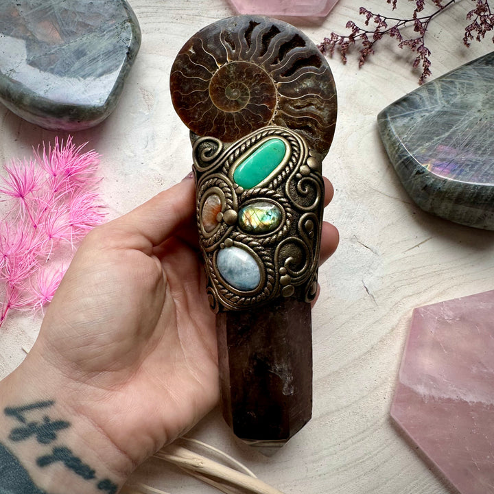 Large Ammonite Wand Smoky Quartz Labradorite Sunstone Moonstone Chrysoprase Wand - FairyGardenGlow