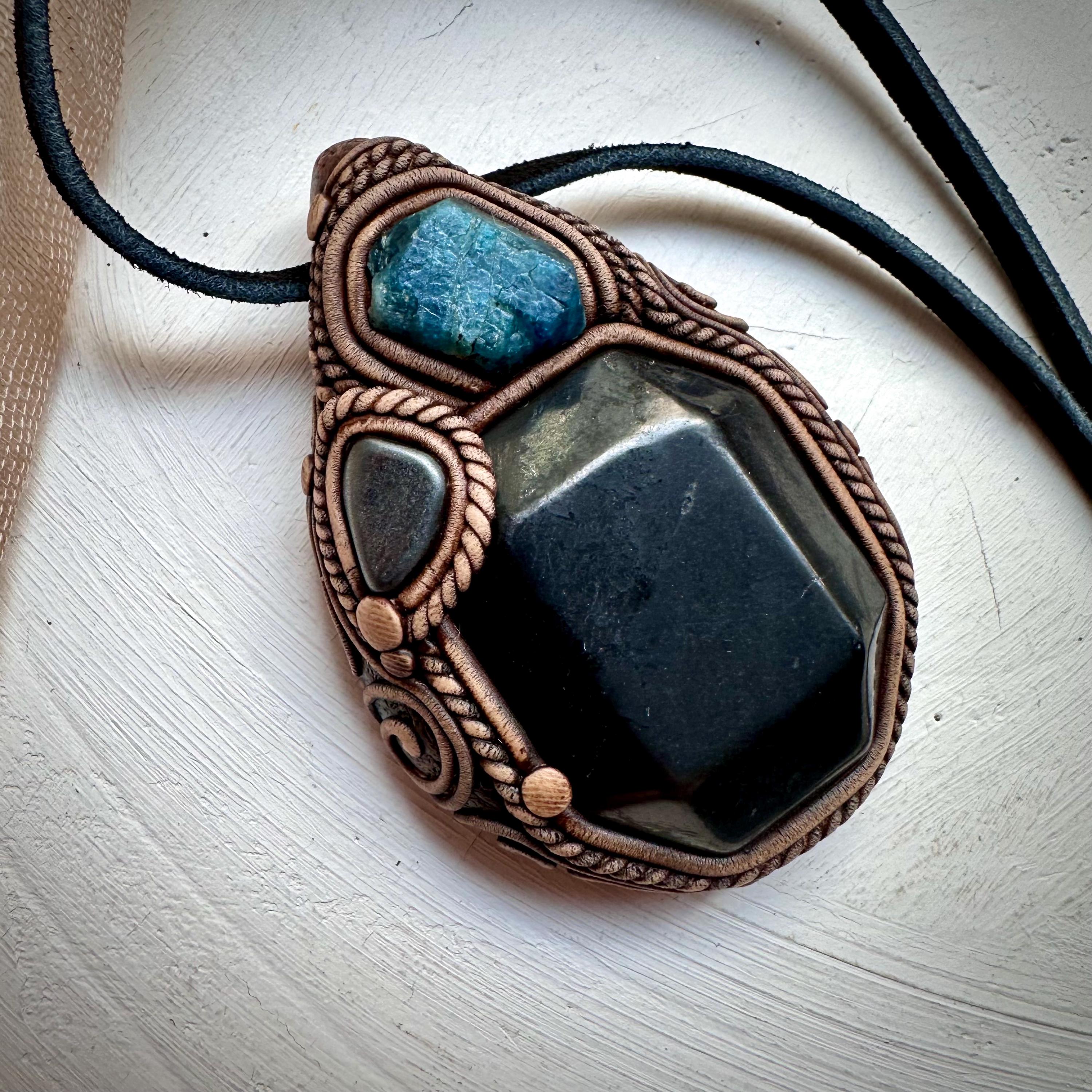Shungite Blue Apatite and Hematite Necklace - FairyGardenGlow